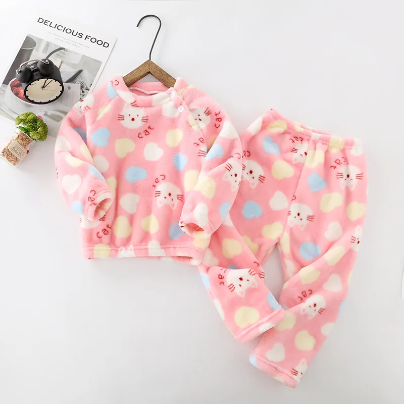 Детские фланелевые пижамы; детские пижамы для маленьких мальчиков и девочек; комплект из плотного теплого топа и штанов; коллекция года; осенне-зимняя одежда для сна; одежда для сна - Цвет: Pink Kitty