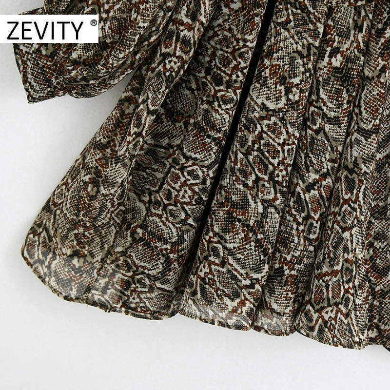 ZEVITY women vintage snake skin print sashes chiffon mini dress chic ladies long sleeve bow collar vestido casual dresses DS4446