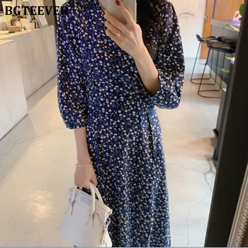 

BGTEEVER Vintage V-neck Half-sleeve Women Dress Floral Print Female Midi Dress 2019 Elegant Lace-up Waist Vestidos femme