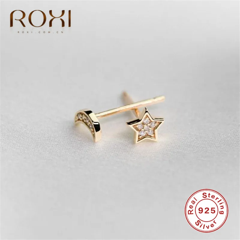 ROXI 925 пробы, серебряные серьги-гвоздики для женщин, ювелирное изделие, модные крошечные асимметричные серьги с Луной и звездой, простые серьги с кубическим цирконием