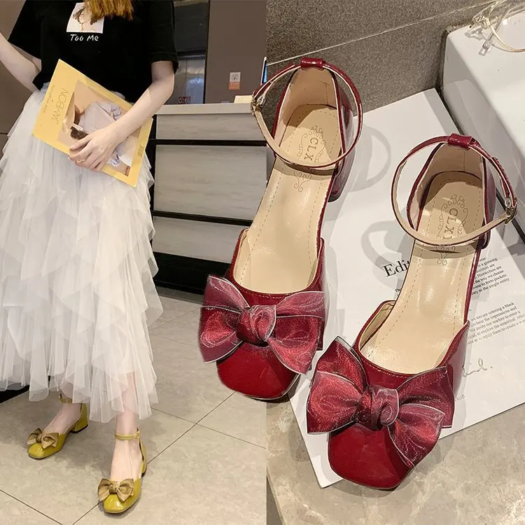 

2019 Summer New Style Closed-toe Cool Shoes Women's Fairy-Style Versatile Hallow Chunky-Heel A- line with Bow Every Evening Shoe