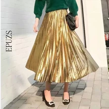 Модные плиссированные женские юбки золотого и серебряного цветов Корейская длинная юбка с высокой талией Летние черные пляжные Юбки-миди