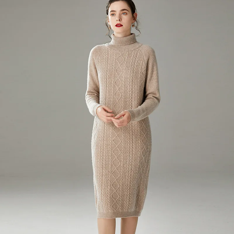 Пуловер, вязаное платье, Осень-зима, женское городское Повседневное платье из чистой шерсти, с высоким воротником, утолщенное, свободное, вязаное платье