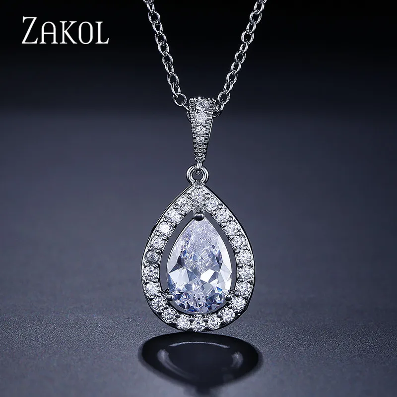 ZAKOL модный прозрачный в форме капли воды циркон кулон ожерелье Блестящий Кристалл Свадебные украшения для женщин Девушка Вечерние подарки FSNP077