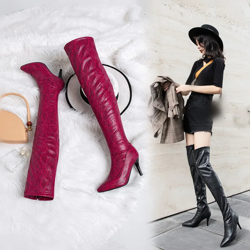 

Autumn Boots Pointe Shoes Red Woman Booties Winter Women Luxury Designer Sexy Thigh High Heels High Sexy Zipper Pointy 2019