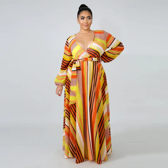 2021 Chiffon Long Sleeve Cross V-Neck Maxi Dress Bohemia Dress Full Plus Size Celebrity/Graduation/Dinner Dress Beach Sundress D5506 Yellow