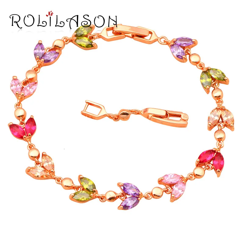 Rolilason Цвет кристалл в форме листика новые стильные золотистого оттенка, браслеты с брелоками для женщин, для здоровья, никель и свинец ювелирные изделия TB315