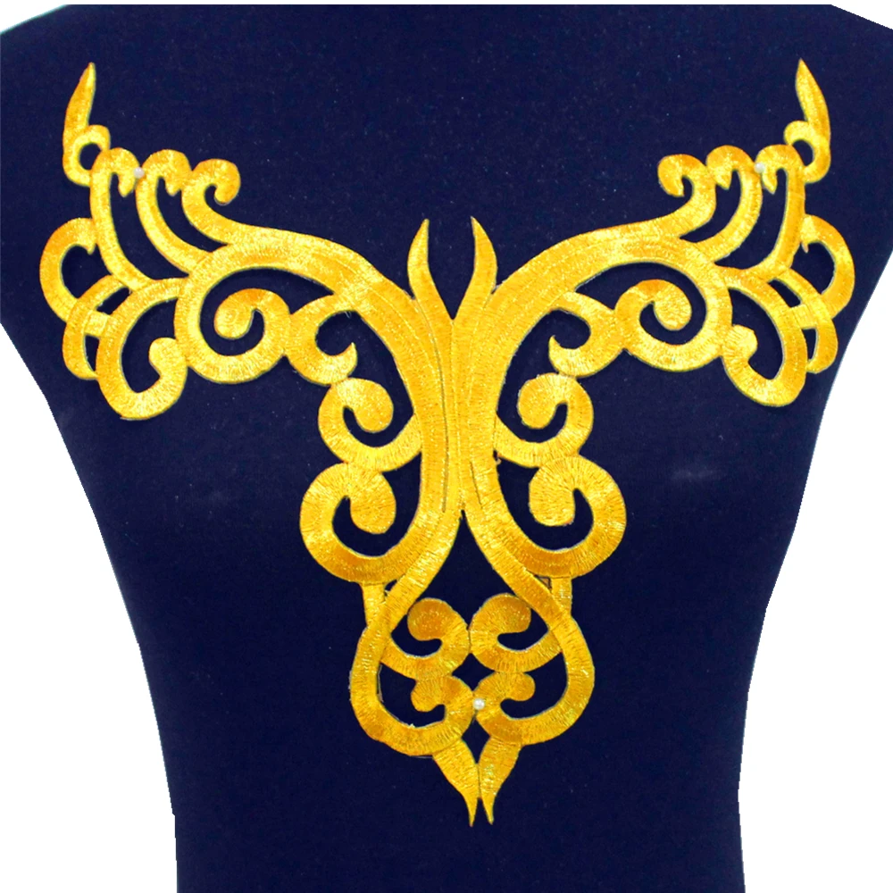 Description Picture 5 of itemIron On Appliques For Dress Gold Embroidery Patches Motif Flowers For Garment Diy Apparel Trims 50.5cm*25cm