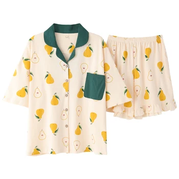 

Women Pajama Cotton Sleepwear Plus Size Turn-down Collar Homewear Sets Loose Pijama Fruits Nighty For Girls Fashion Pyjamas 3xl