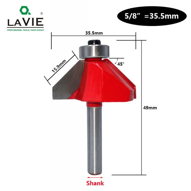 LAVIE 1pc 6mm 6.35mm Shank 45 Degree Chamfer Router Bit Edge Forming Bevel Woodworking Milling Cutter for Wood Bits MC01130 35.5mm