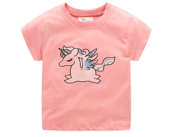 

2020 New Girls Unicorn Sequin Embroidery Cotton T-shirt Round Neck Bottoming Shirt Children's Summer Casual Tops