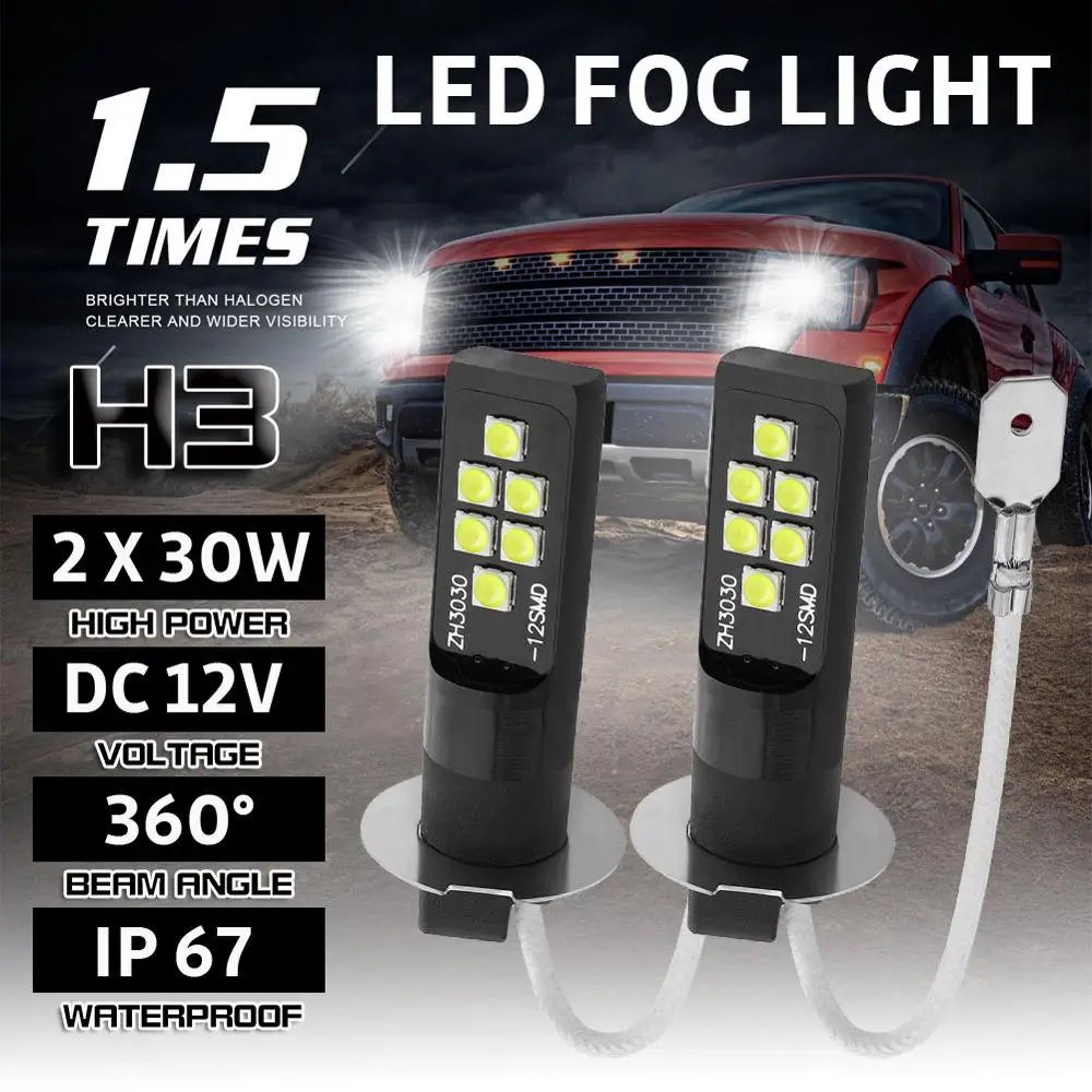 

2pcs H3 LED Bulb 3030 SMD 6000K White Car Fog Light High Bright DRL Driving Lamp Led Fog Light Bulb H3 Led Bulbs For Fog Lights