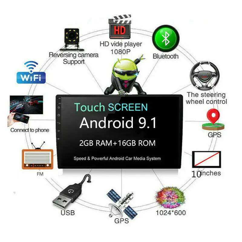 1 Din 10.1 inch Android 9.1 Car Radio Single DIN Audio Universal Car Multimedia Player GPS Navigation Wifi Mirror Link