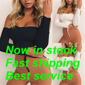

Summer Fashion Women's Off Shoulder Pleated Sexy Top Long Sleeve T-shirt Clubwear Crop Tops Skinny Ruched Solid Casual Tee