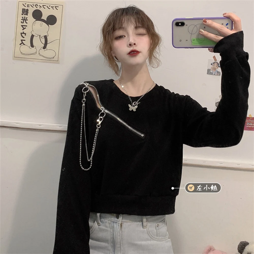 

Zippers Chain Spring Autumn Hollow Out Long Sleeve Crop Top Sweatshirt Streetwear Pullovers Women's Clothing Loose New