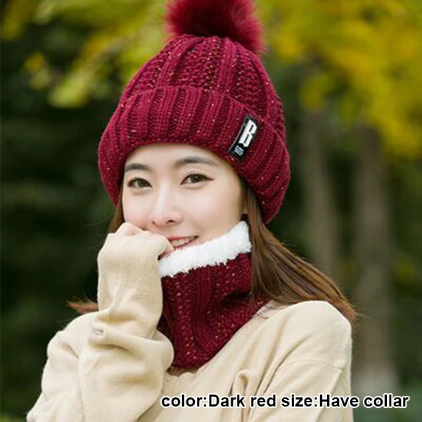 dark red With Scarf Женская зимняя вязаная утолщенная шапочка с шарфом теплая меховая мешковатая зимняя шапка TH36 - Цвет: dark red With Scarf