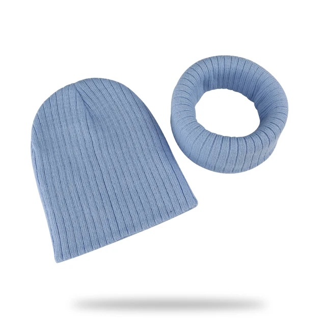 Winter Kids Boy Girl Solid Color Knitted Cap And Scarf Set Crochet Baby Beanie Hat Children's Accessories Bonnet light blue
