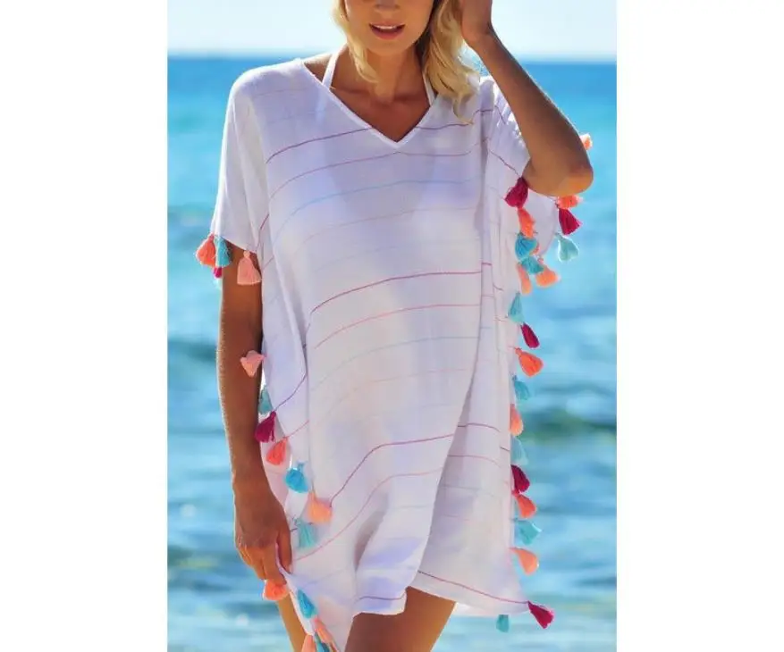 Женский Летний Пляжный пляжный костюм, купальник, бикини, одежда для купания, шифоновое платье, модное повседневное Полосатое свободное солнцезащитное покрытие