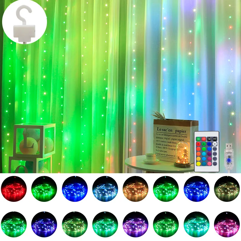 New Year 2022 Home Decor 16 Colors RGB LED Curtain Light String Fairy Garland Christmas Party Bedroom Wedding Navidad Decoration backyard string lights String Lights