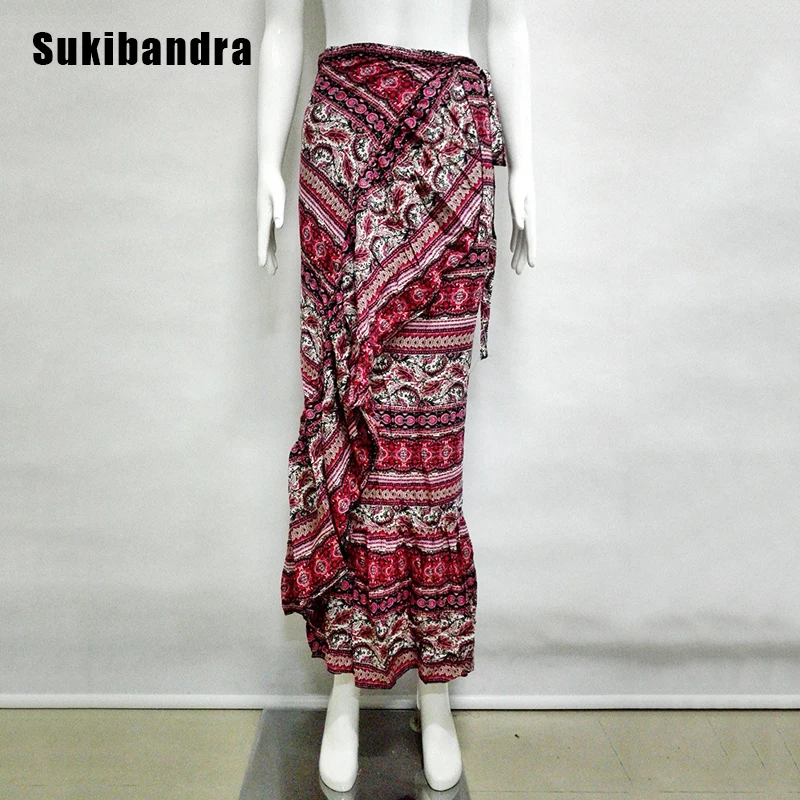 red Sukibandra, Цветочная, летняя, бохо, хиппи, длинная, макси, с рюшами, юбка, юбки, женская, винтажная, Пляжная, асимметричная, богемная, с разрезом, Boho - Цвет: red