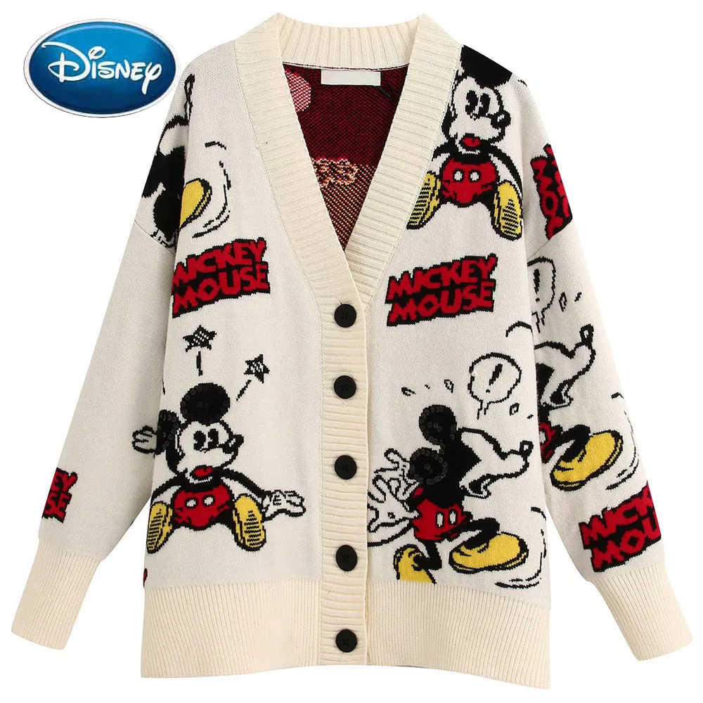 Disney Stilvolle Mickey Maus Cartoon Print V-ausschnitt Strickjacke  einreiher Streetwear Frauen Pullover Weiß Gestrickte Langarm Top -  AliExpress Damenbekleidung
