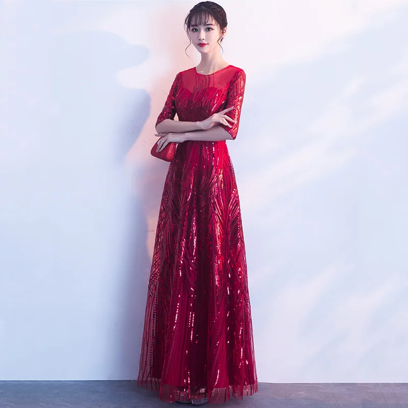 Skyyue вечернее платье Бургундия Иллюзия длина до пола Robe De Soiree K155 o-образным вырезом Половина рукава вечерние платья блестки формальное платье для выпускного вечера