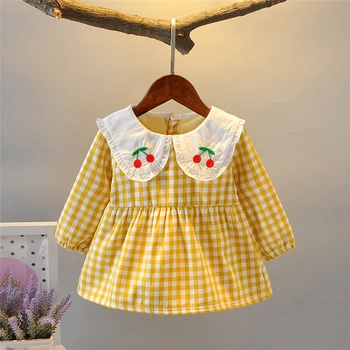 

Sweet Baby Girls Plaid Dress Cherry Print Newborns Peter Pan Collar Long Sleeve Button Princess Dress Thicken Clothes 3-12M A20