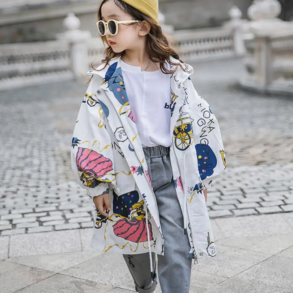 Cabolsas com Zíper para o Bebê Meninas Dpring Outono Princesa Impressão Trincheira Crianças Outerwear 4-14y Adolescentes Jaquetas Windbreajer W1077