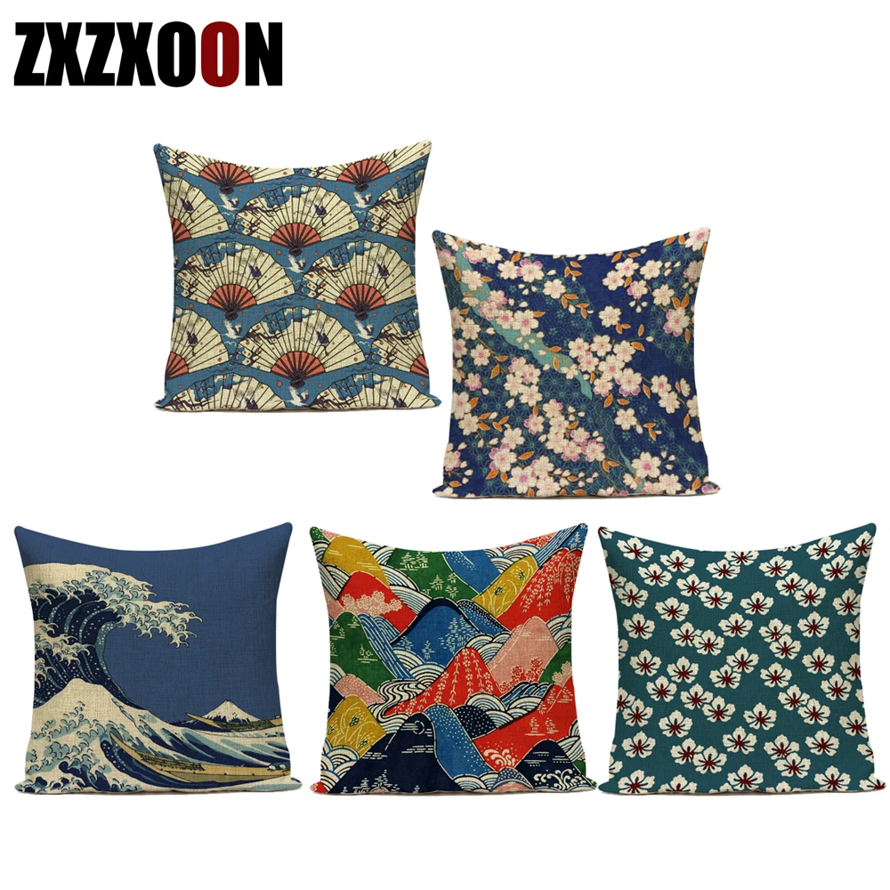 Japanese Style Scenic Mount and Wave Printed Throw Pillow Cushion Cover Square Decoration For Sofa Home Capa De Almofadas 45X45