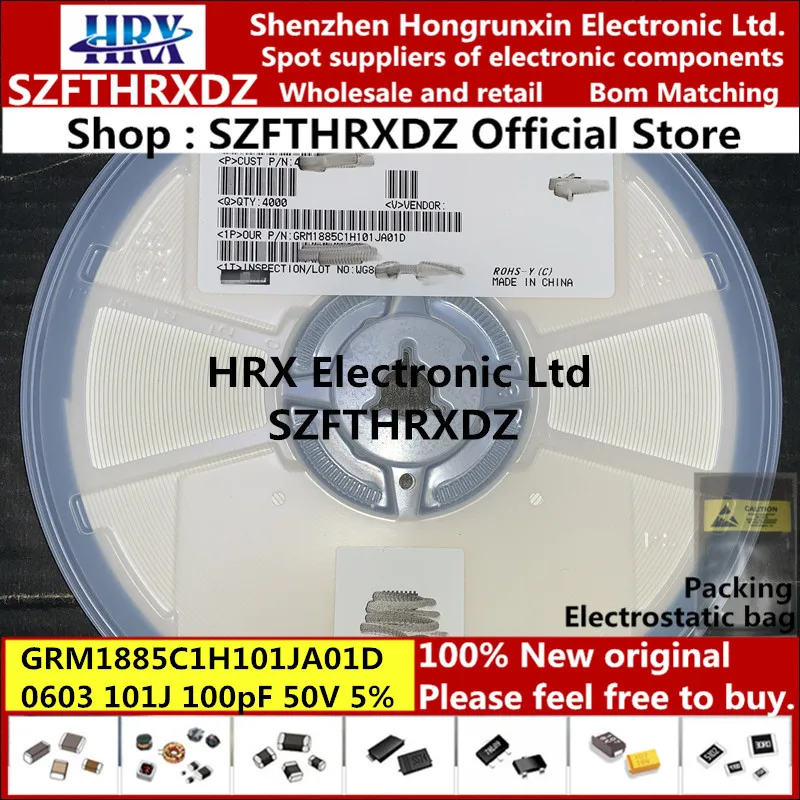 GRM1885C1H101JA01D 1608 0603 101J 101K 100pF НПО C0G COG с алюминиевой крышкой, 50В 5% 10% 4000 шт./катушка(100PCS-500PCS-1000PCS-4000P