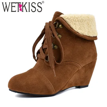 

WETKISS Flock Boots Women Wedges High Heels Ankle Booties Female Round Toe Shoes Ladies Warm Rivet Shoes Winter Plus Size 34-48