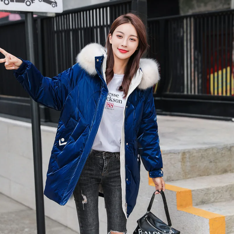 

Down Jacket Women's Long 2020 New Large Wool Collar White Duck Down Women's Loose Coat Tide Black Coat Women