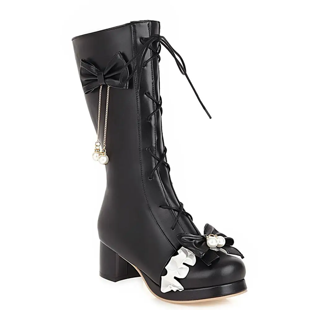 

Bowknot Pearl Metal Tassel Mid-Calf Boots Thick Heel Platform Lace Cross Straps Lace-Up Side Zipper Womenâ€™S Boots