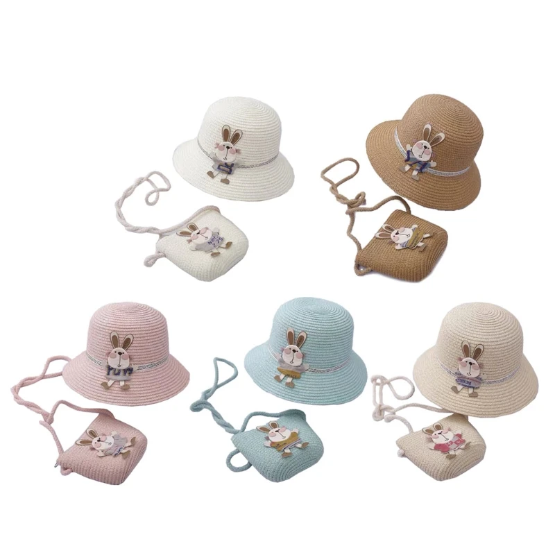 2021 Baby Summer Straw Hat Girls Children Bunny Cap Sun Hat Shoulder Handbag Bag G99C