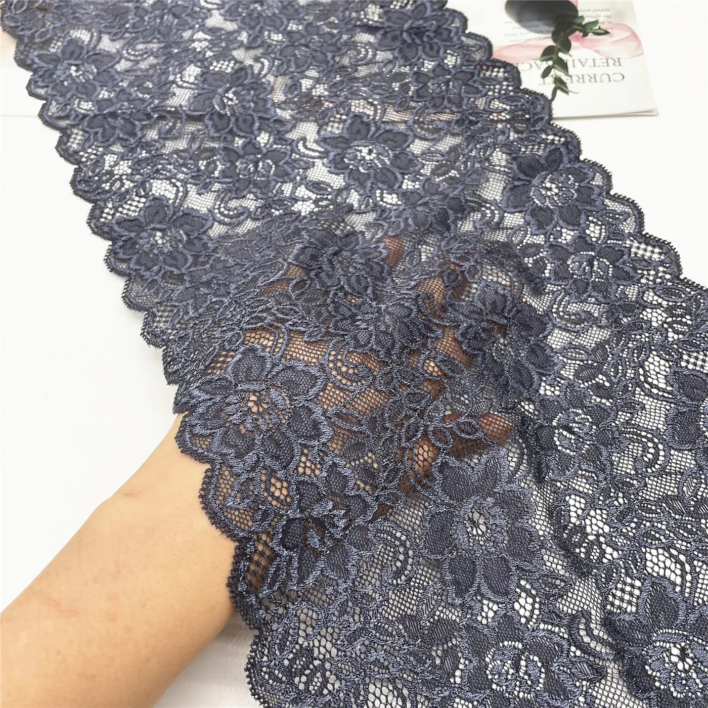 3M/Lot Width 9 inch 23cm Dark Grey Floral Stretch Lace Trim 2