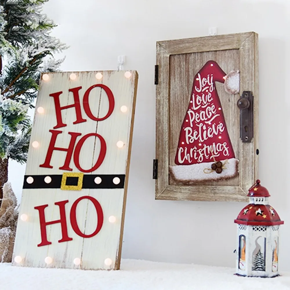 

Christmas Door Plate Board Red Christmas Hat Letter Pattern Wooden Doorplate DIY Home Festival Wall Door Hanging Ornament
