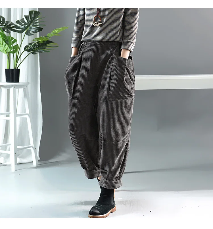 Runback Pantalones Mujer вельветовые повседневные женские штаны-шаровары в стиле ретро с большими карманами, брюки с высокой талией, Весенняя однотонная женская одежда