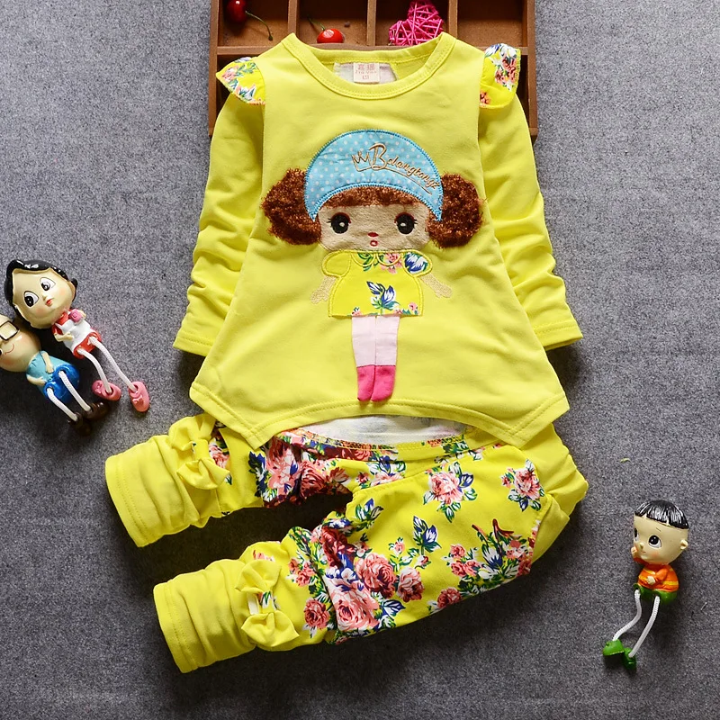 New Spring Autumn Kids Cartoon Clothes Suit Baby Girls Flower T Shirt Pants 2Pcs/Sets Infant Cotton Clothing Children Sportswear