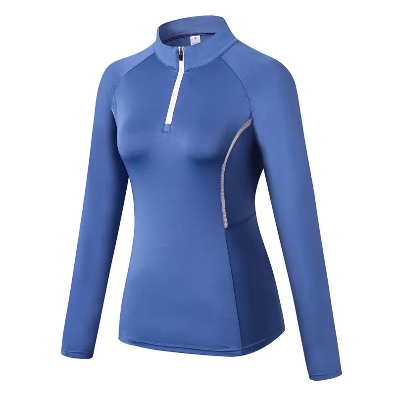Одежда для фитнеса и йоги, Женская Осенняя быстросохнущая футболка на молнии с длинным рукавом, свитер, топы - Цвет: Синий