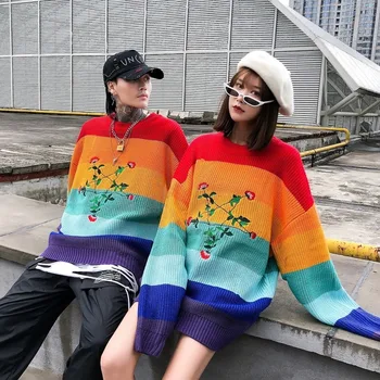 

New Rainbow Seven-color Embroidery Five Stars Rose Men's Sweater Pullover Large Size Hip Hop Winter Sweaters Lovers Pullover Top