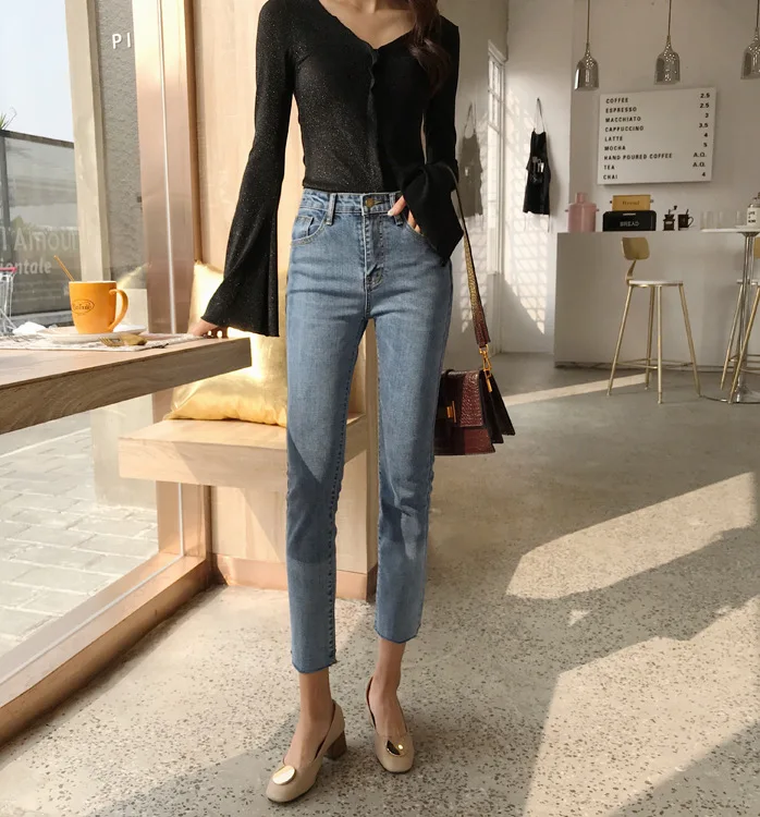 Лето, Ulzzang Wind, обтягивающие, вареные брюки, градиентные, цветные, ковбойские, длиной до щиколотки, штаны с высокой талией, тянущиеся, рваные, с краями, Penc