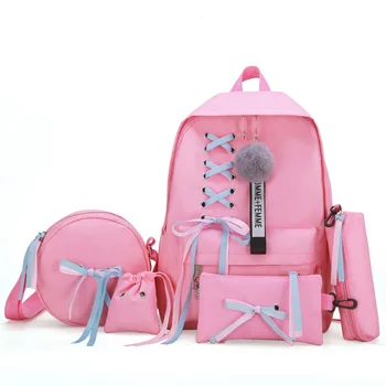 

New bow fashion All-match High capacity Five-piece backpack student bag Female Korean style outdoor Canvas trend school bag