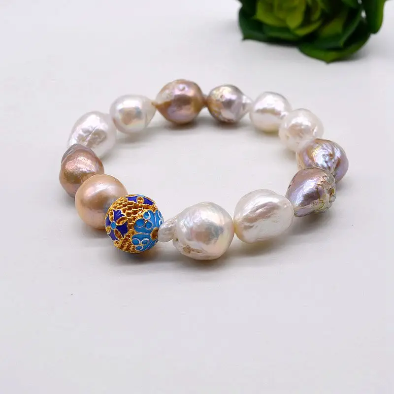 

Chinese cloisonne large particle ball color pearl bracelet, handmade cloisonne, elastic line natural colored pearl bracelet