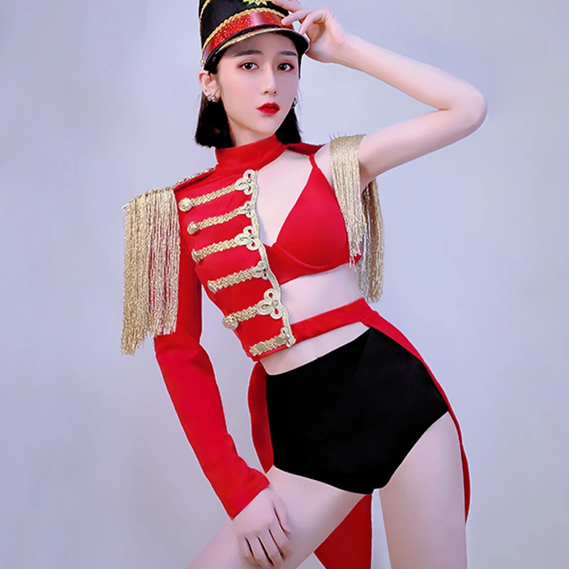 Nieuwe-Dans-Kostuum-Vrouwen-Cosplay-Militaire-Uniform-Rood-Pak-Festival-Outfit-Gogo-Dance-Bar-Party-Rave