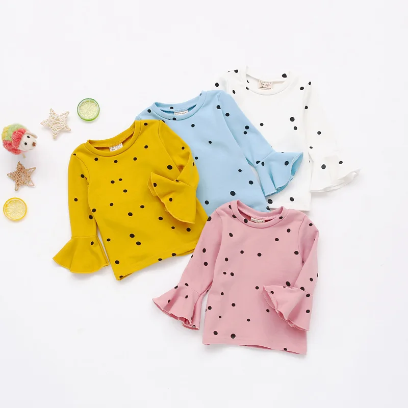 LOOZYKIT/весенне-осенняя футболка для маленьких девочек Детские хлопковые топы с длинными рукавами в горошек и рукавами-трубы, одежда для девочек
