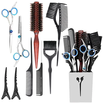 

9pcs Hairdressing Stainless Steel Scissors Kit Barber Hair Cutting Shears Thinning Scissors Hair Clips Dye Brush Scissors Set