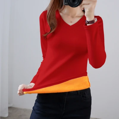 V-neck Red Размера плюс M-4XL теплая дутая куртка золото бархатные Нижние рубашки Для женщин Зимняя кофта с длинными рукавами и высоким воротником Термальность формирующее белье боди, пижамный комплект - Цвет: V-neck Red