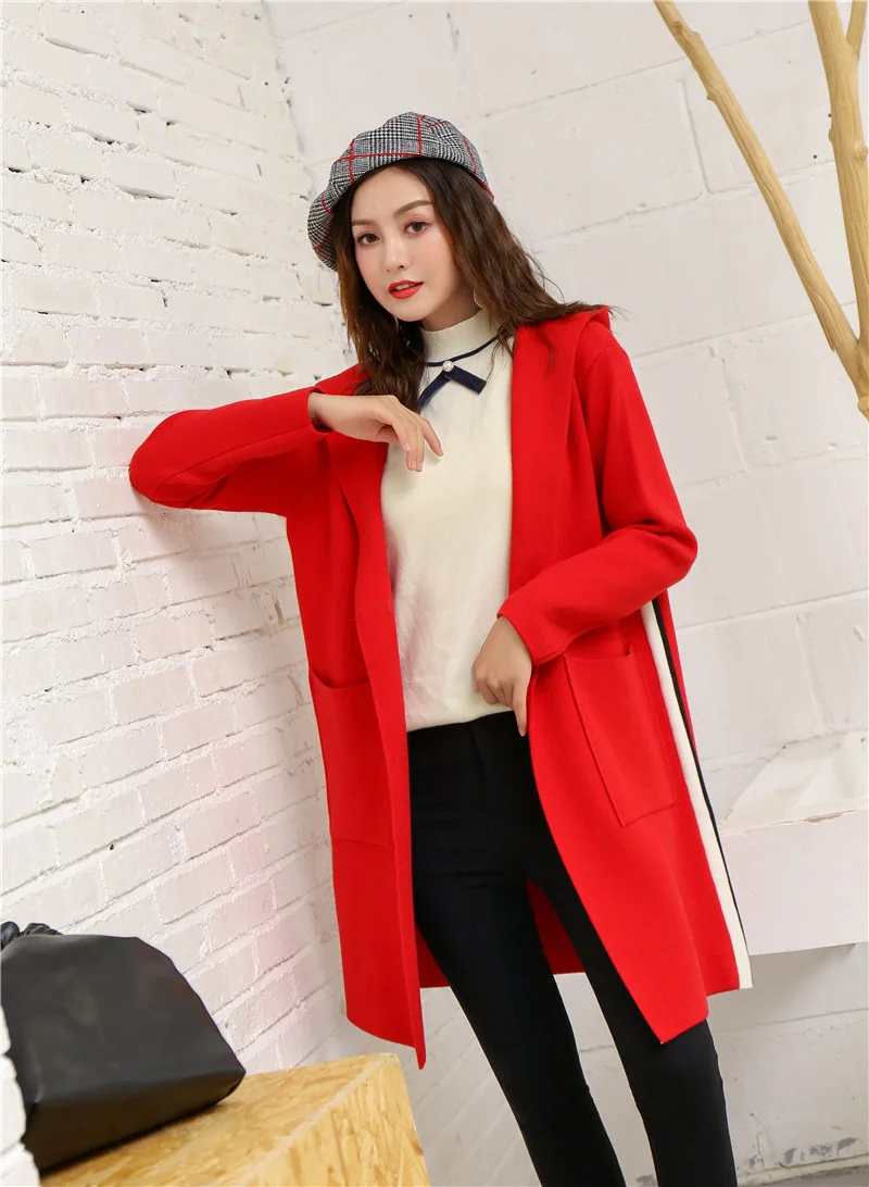 Стиль осень и зима женское платье средней длины пальто с капюшоном женский Кардиган с длинным рукавом корейский стиль мода