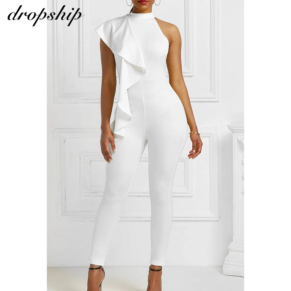 

Dropship Turtleneck Slide Ruffles Sleeveless Women Jumpsuit 2020 Solid Color Bodycon Elastic Mid Waist Slim Feet Female Jumpsuit