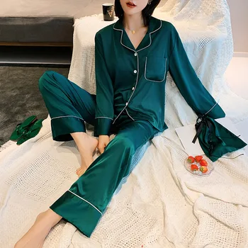 

Pajama Sets For Women Long Sleeve Faux Silk Sleepwear Pajama Suit Female Spring Autumn Nightwear Solid Comfort Casual Homewear
